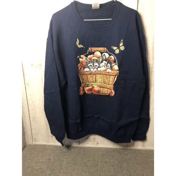 Jerzees Womens Large Sweatshirt Navy Blue Basket Kittens Cats Apples Butterflies - Picture 2 of 5